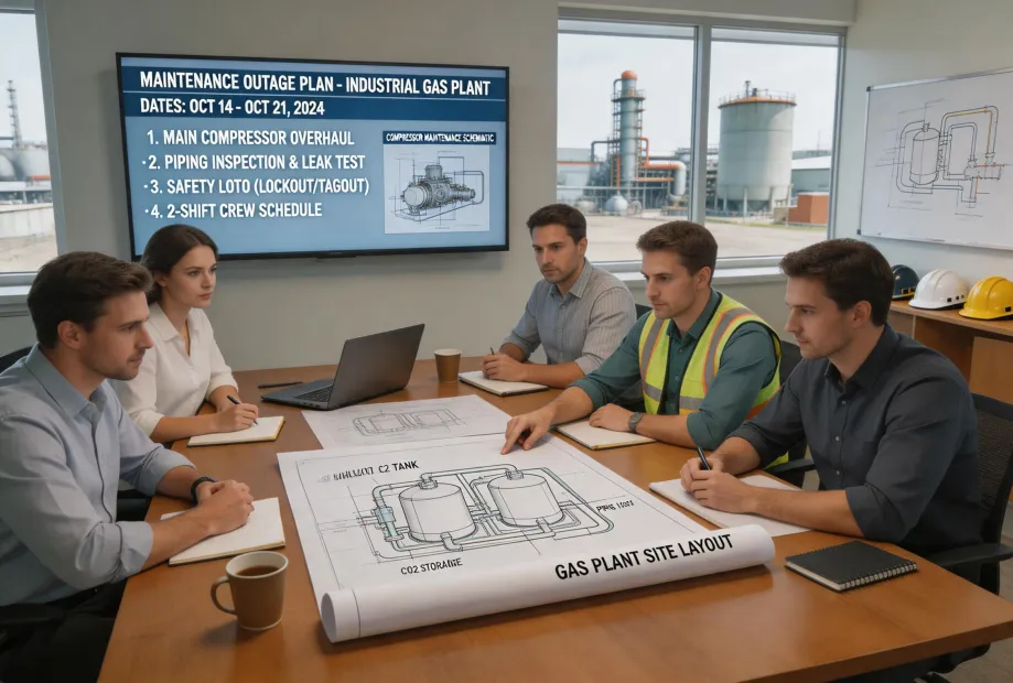 Maintenance outage planning meeting for industrial gas plant equipment
