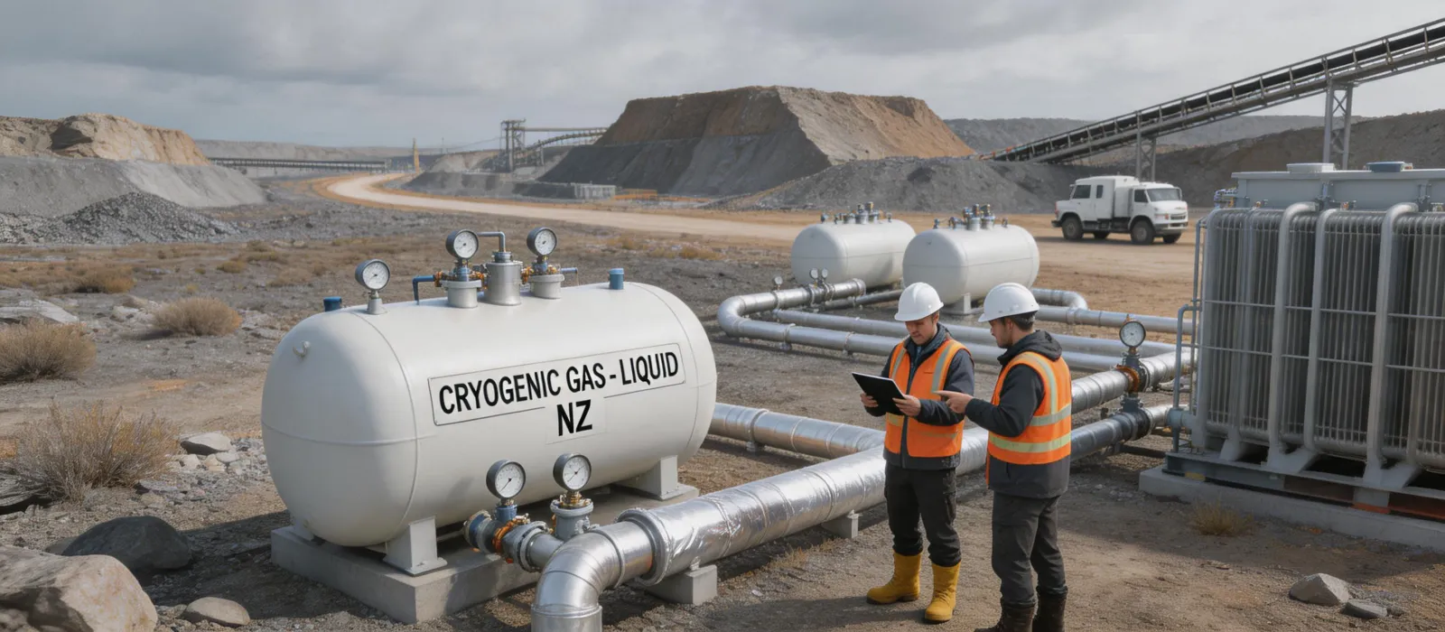 Field engineers reviewing cryogenic gas equipment at a mine site